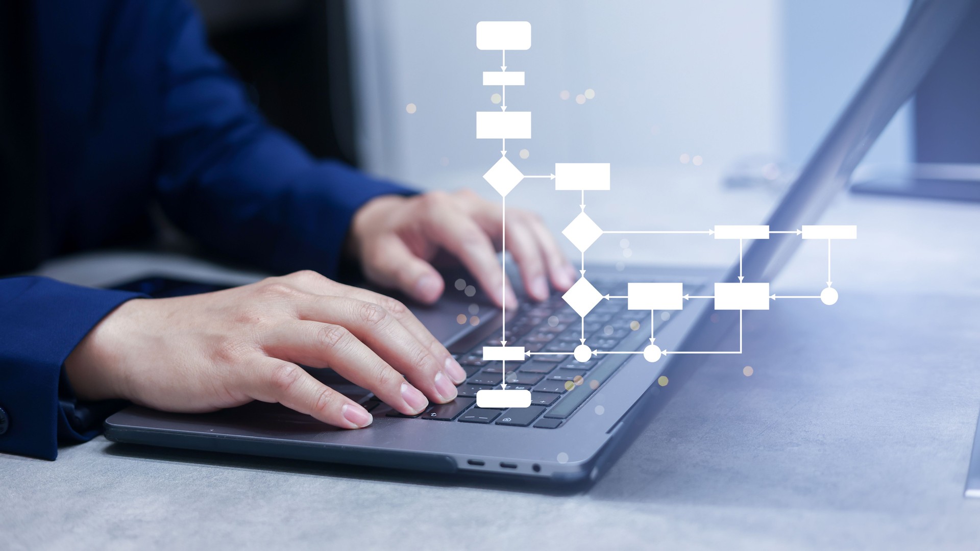 close up manager businessman hand type on laptop to create about progress of strategy or procedure solution and resolve with virtual flowchart diagram for business and performance concept